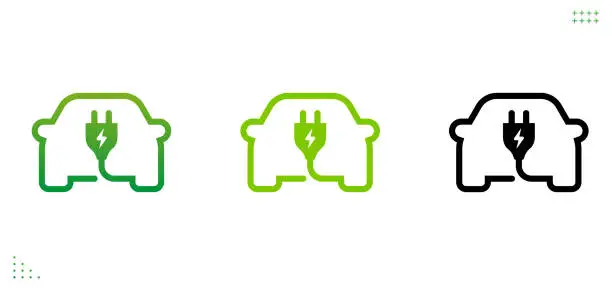 Vector illustration of Green electric car with plug, ev charge station.Recharger station. Friendly eco energy. Sustainable green energy. Vector illustration.