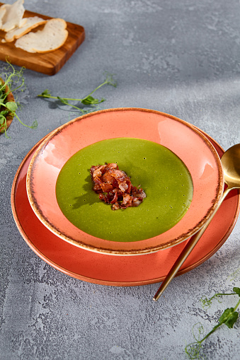 Cream of Broccoli Soup Topped with Crisp Bacon Served in a Coral-Hued Bowl.