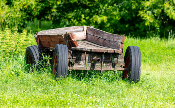 istock Old wooden cart on the green grass 2135457741