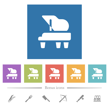 Grand piano solid flat white icons in square backgrounds. 6 bonus icons included.