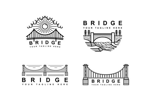 Bridge logo with sun and bridge. line art style logo design in set