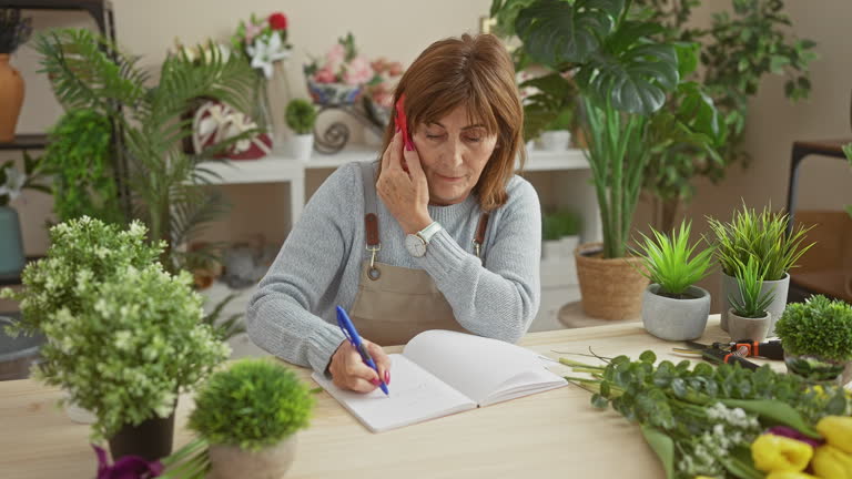 A middle-aged woman at a flower shop writing notes while talking on a red phone, surrounded by various plants.