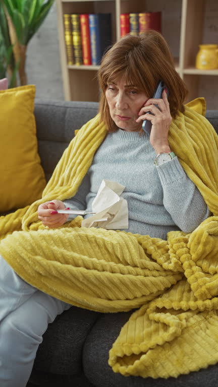 Mature woman checking temperature while talking on phone in cozy living room