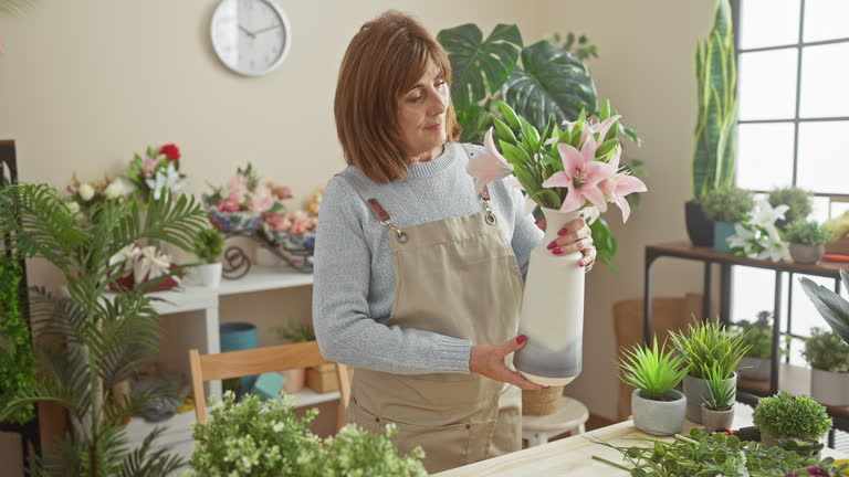 Mature woman arranging pink lilies in a vase inside a bright plant-filled florist shop