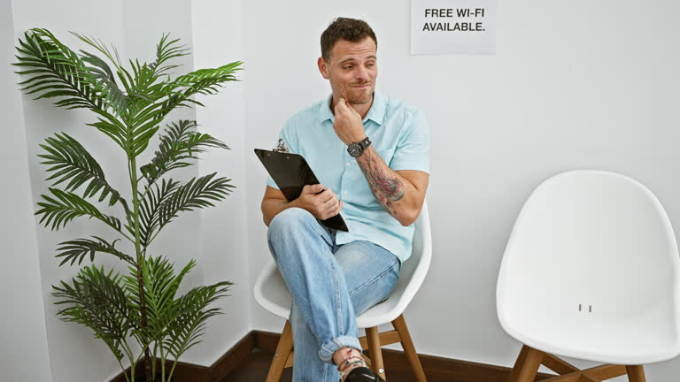 Handsome young man with tattoos sitting on a chair in a minimalist waiting room holding a clipboard.