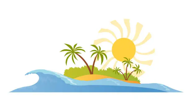 Vector illustration of Summer season. Background with sea, sun and palm trees. Vacations and recreation seasonal banner for social media stories wallpaper, landscape with copy space for text. Vector illustration