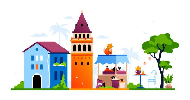 Vector illustration of Old turkish city - modern colored vector illustration