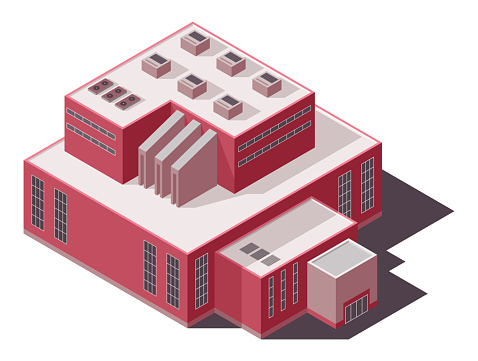 Factory isometric. Industrial bulding. Concept of industrial plant with chimney tower. 3d isolated icon. Architecture of manufacture house. Vector cartoon illustration.
