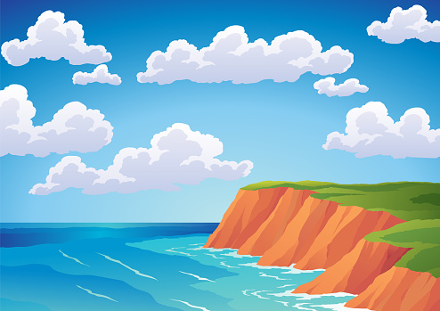 Sea landscape. Rocky coast under cloudy sky. Ocean beach and cliff. Vector colored flat cartoon illustration of seascape.