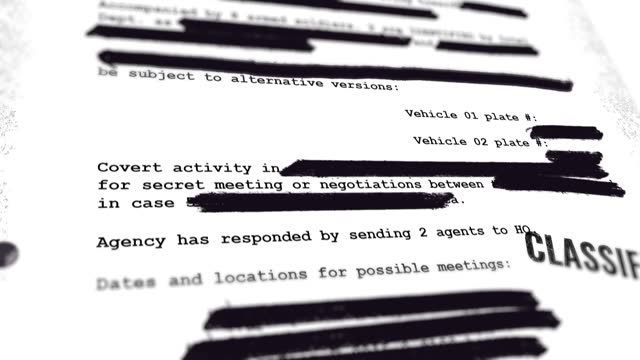 Camera moves over top secret classified document with blacked out text lines