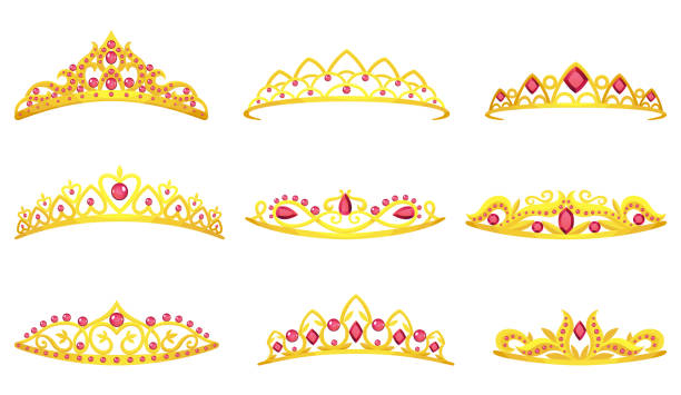 ilustrações de stock, clip art, desenhos animados e ícones de set of queen golden crowns vector icons. collection of gold princess tiaras cartoon illustration - diadem red green blue