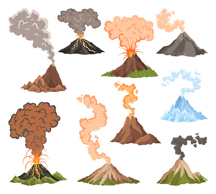 Volcano icons. Magma nature blowing up with smoke. An awakened vulcan activity fire and smoke elements. Volcano eruption set. Flat cartoon vector isolated illustration.
