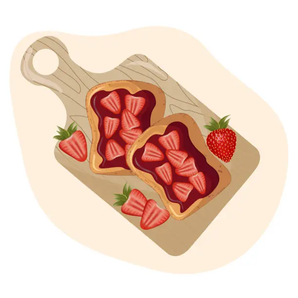 Vector illustration of Sweet toasts on kitchen board. Cartoon isolated slices of toasted bread with pieces of strawberry for breakfast. Toasted bread with chocolate spread.Vector illustration