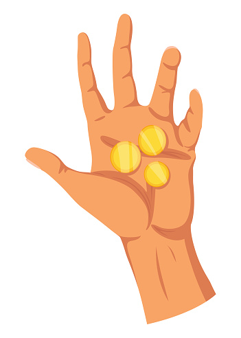 Hand with coins. Money donation, charity or investment. Coins or cash in hand. Colorful flat vector illustration with isolated on white.