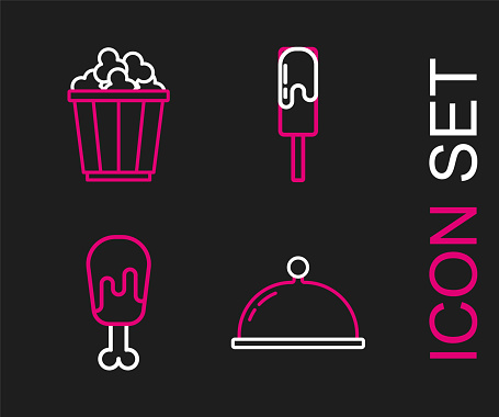 Set line Covered with tray Chicken leg Ice cream and Popcorn in box icon. Vector.