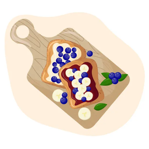 Vector illustration of Sweet toasts on kitchen board. Cartoon isolated slices of toasted bread with pieces of bananas and blueberries for breakfast. Toasted bread with chocolate spread and  creamy.Vector illustration
