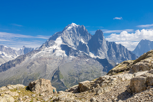 The panorama of Piz Bernina and Piz Roseg peaks.