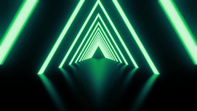 Abstract background Neon glowing triangle tunnel with lime light lines moving. Background futuristic corridor with neon lights. Seamless loop 3d render, Modern neon light