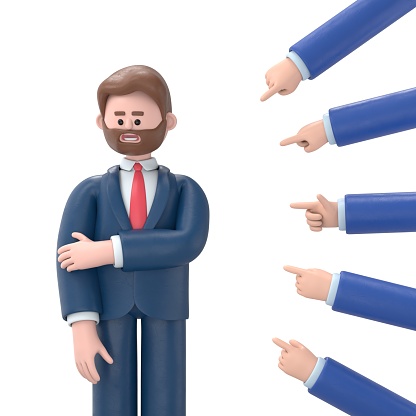 Concept of social censure or accusations. Many hands pointing 3D illustration of bearded american businessman Bob. Victim of ridicule and bullying. Harassment. 3D rendering on white background
