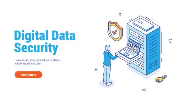 Vector illustration of Digital data security outline concept. System administrator configures a secure connection. Using a server rack. Isometric vector illustration isolated on white background.