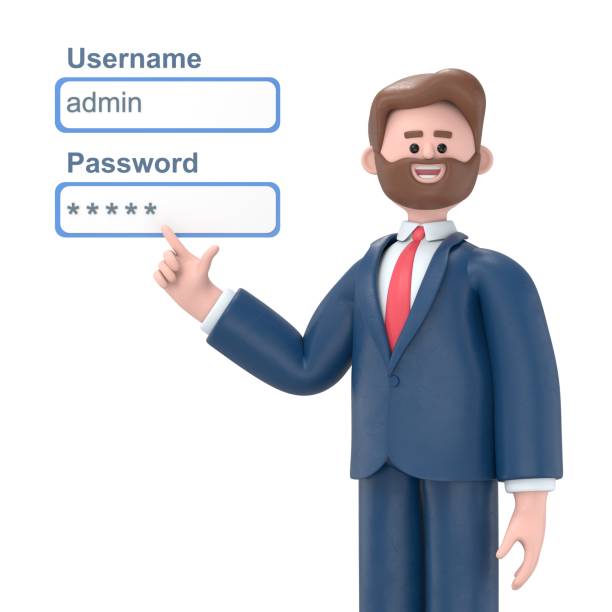 istock 3D illustration of bearded american businessman Bob admin network engineer pushing username and password fields login box.3D rendering on white background 2135503824