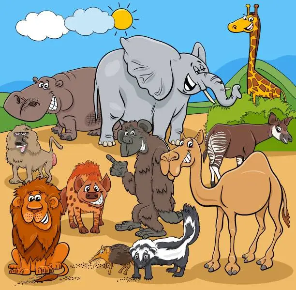 Vector illustration of cartoon wild animals comic characters group