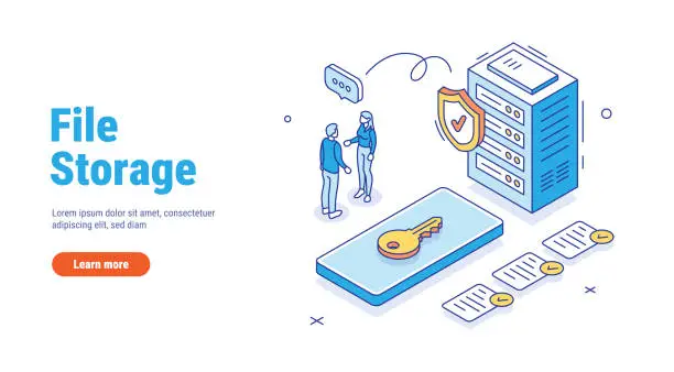 Vector illustration of File storage outline isometric concept. Securely store data on a server or in the cloud. Synchronize data between devices. Remote access to files. Vector in line style isolated on white background.