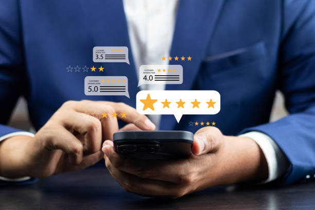 istock Online customer satisfaction Survey service concept, client rate service from experience in application,Consumer give five-Stars and feedback review for quality, Business reputation ranking from buyer 2135530635