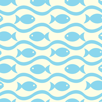 Simple Fish seamless pattern with pastel blue waves. For fabric, textile and swimwear.