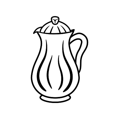 Black Line Art Drawing Arabic Teapot Jug Doodle Vector Illustration Isolated on White Background