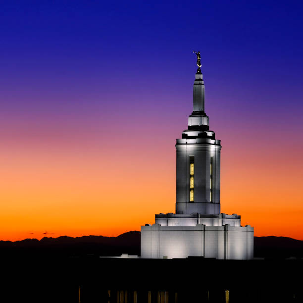 istock Pocatello Idaho LDS Mormon Temple with Lights at Sunset 2135567909