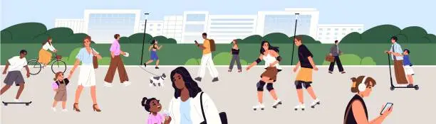 Vector illustration of Crowd walks in urban recreational park. Families with kids relax outdoor. Happy people ride a bicycle, rollerblade, do sport, stroll on city green area. Active lifestyle. Flat vector illustration