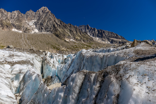 Gorner and Grenz glacier (German: Gornergletscher, Grenzgletscher). On the left side the Monte Rosa  against blue sky
