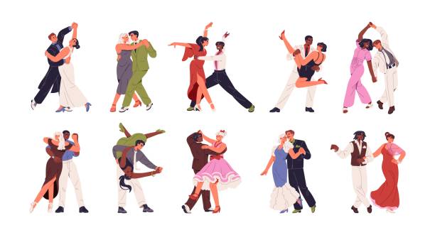 illustrations, cliparts, dessins animés et icônes de ensemble de différentes danses. les gens jouent avec la valse, le tango argentin, la salsa. les couples se déplacent en musique. les couples montrent le swing, le foxtrot, le zouk en compétition. illustrations vectorielles isolées plates sur fond blanc - danseur
