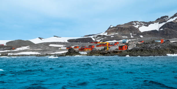 Argentine research station Esperanza Base in Hope Bay, Antarctica. Hope Bay, Antarctica - January 10, 2024: View of Esperanza Base, Argentine research station in Hope Bay, Antarctic Peninsula. houses in antarctica stock pictures, royalty-free photos & images