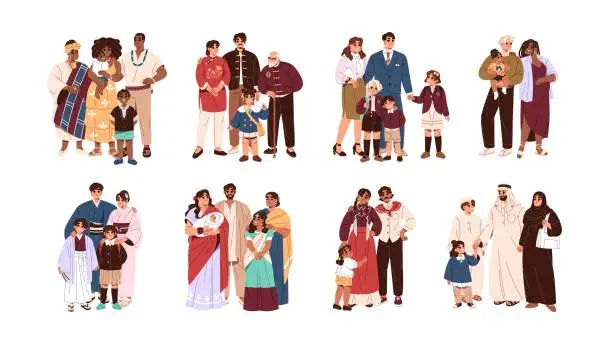 Vector illustration of Families of different nationalities set. Parents and kids in traditional clothes. Africans, Arabs, Japaneses, Indians, interracial relatives. Flat isolated vector illustration on white background