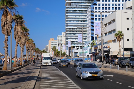 Car traffic along the Tayelet beachfront promenade in Tel Aviv city, Israel. Tel Aviv is the economic and technological center of Israel.