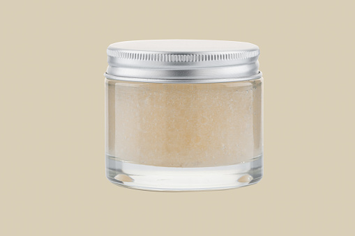 Glass jar of face cream scrub , empty mockup