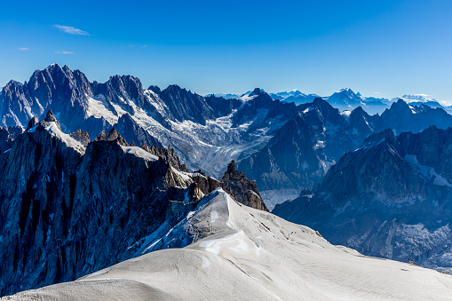 Multi pixel panorama of the Dachstein mountain in Austria. Picture with bright blue sky