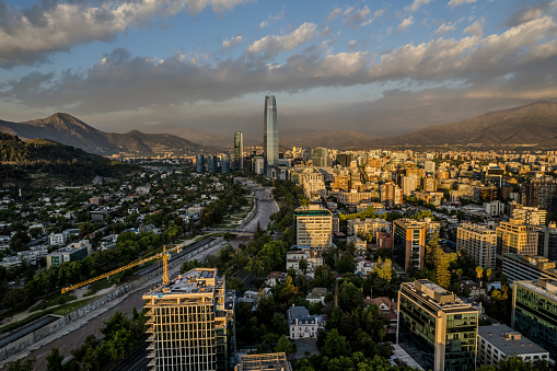 Beautiful aerial view of the city of Santiago de Chile, the Mopocho river, the Sky Costanera