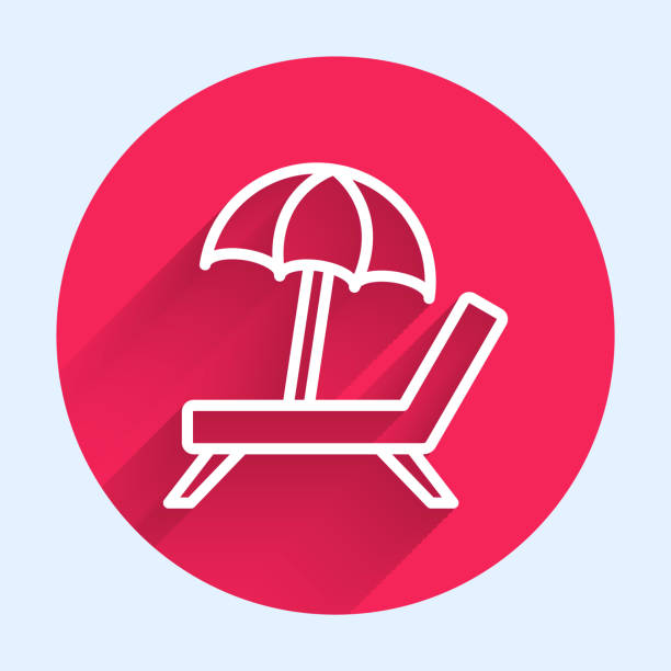 White line Sunbed icon isolated with long shadow background. Beach umbrella and Sun lounger. Red circle button. Vector White line Sunbed icon isolated with long shadow background. Beach umbrella and Sun lounger. Red circle button. Vector. red beach chairs stock illustrations