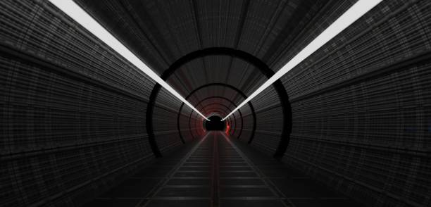 Laser light tunnels sci fi pipes neon lit archways 3D illustration