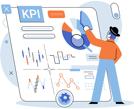 KPI key performance indicator. Vector illustration. A KPI report provides comprehensive overview of business health Datanalysand research inform business management Financial optimization common goal