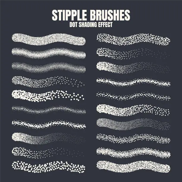 Vector illustration of Stipple scatter brush, ink drawing and texturing. Fading gradient. Stippling, dotwork drawing, shading using dots. Halftone disintegration effect. White noise grainy texture. Vector illustration