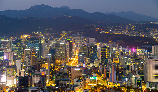 Aerial view of the capital city of Seoul in South Korea, seen at sunset.