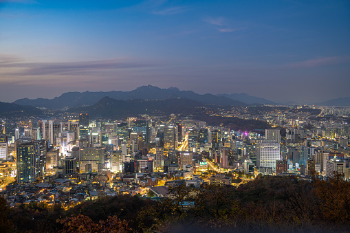 Aerial view of the capital city of Seoul in South Korea, seen at sunset.