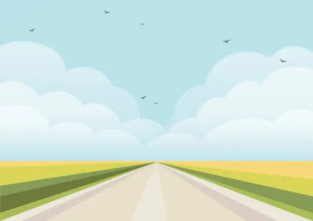 Vector illustration of Countryside road rural landscape scene with field. Vector Galicia region view with wheat field.