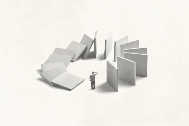 istock Illustration of ignorant man watching domino collapsing on him, surreal karma concept 2135644196