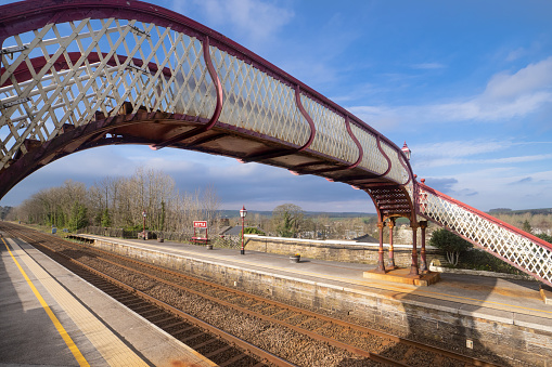 31.03.24 Settle, North Yorkshire, UK.  Footbridge over the Settle to Carlisle railway line at Settle station
