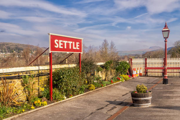 Settle railway train station Sign 31.03.24 Settle, North Yorkshire, UK.  Sign at Settle railway station station ingleborough stock pictures, royalty-free photos & images